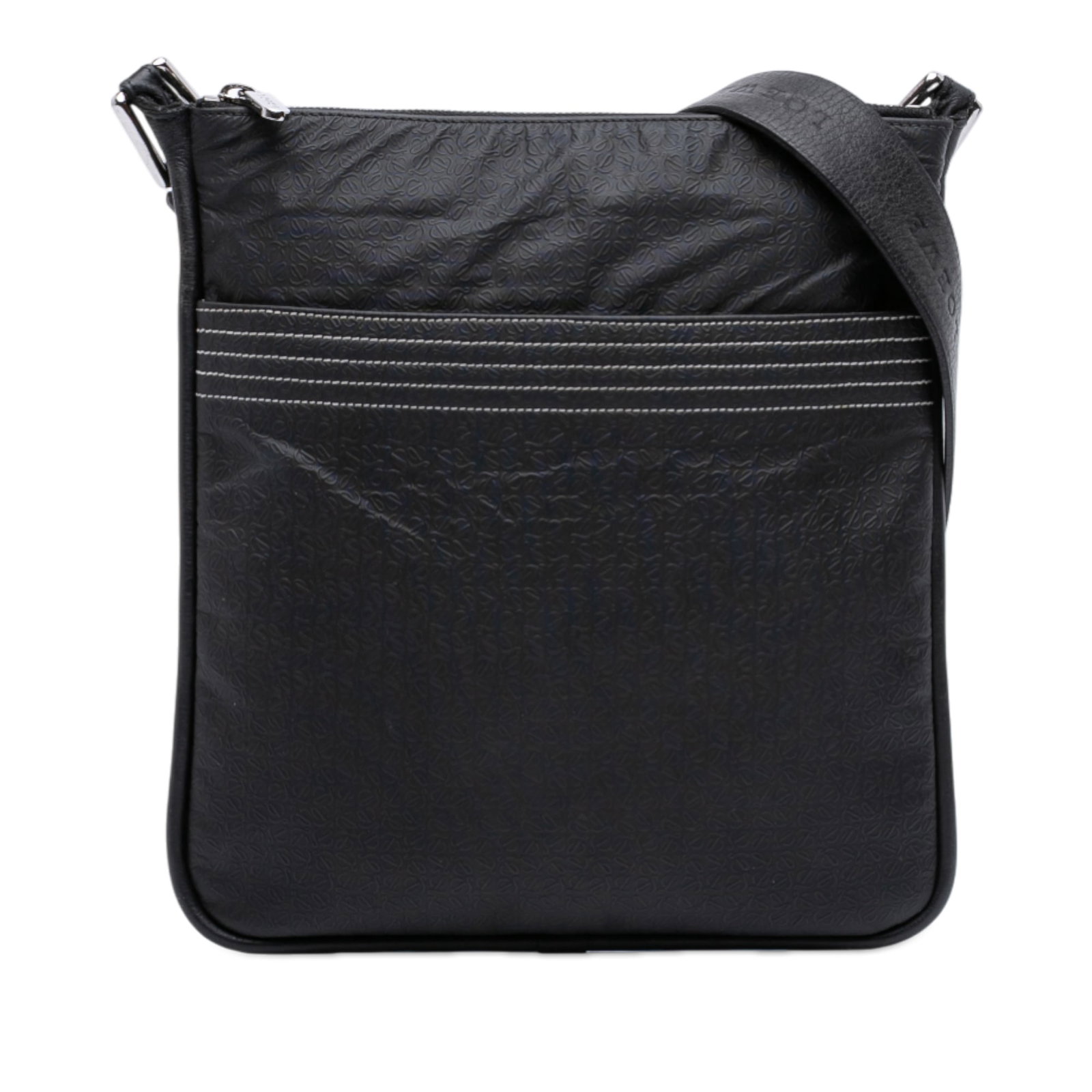 Loewe Anagram Repeat Black Coated Canvas Crossbody Bag with Leather Trim: Loewe Anagram Repeat Black Coated Canvas Crossbody Bag with Leather Trim This LOEWE crossbody bag showcases an embossed coated canvas exterior with leather trim, complemented by an adjustable flat lea