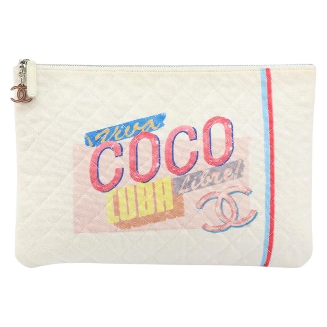 Chanel Coco Cuba Canvas Quilted Printed White Pouch Bag: Chanel Coco Cuba Canvas Quilted Printed White Pouch Bag This Chanel Coco Cuba pouch is crafted from printed quilted canvas in white, designed for female use. The pouch features slight rubbing and stai