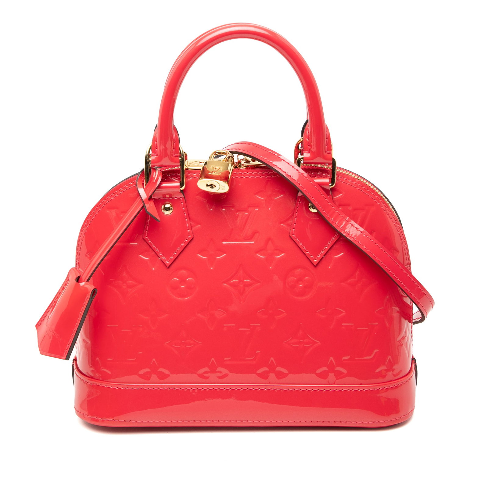 Louis Vuitton Alma BB Pink Monogram Vernis Leather Crossbody Bag: Louis Vuitton Alma BB Pink Monogram Vernis Leather Crossbody Bag This Louis Vuitton Monogram Vernis Alma BB features a glossy monogram vernis leather body in pink, rolled leather top handles, a detach