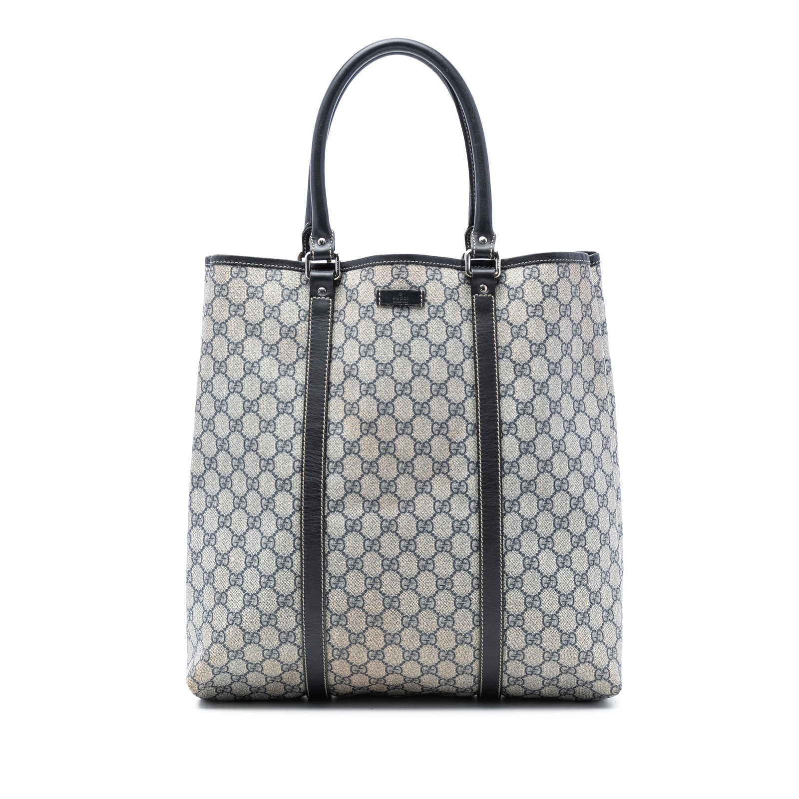 GG Supreme Joy Vertical Tote Bag by Gucci with Leather Trim: GG Supreme Joy Vertical Tote Bag by Gucci with Leather Trim The Gucci GG Supreme Joy Vertical Tote is crafted from coated canvas with leather trim. It features rolled leather handles and an open top w
