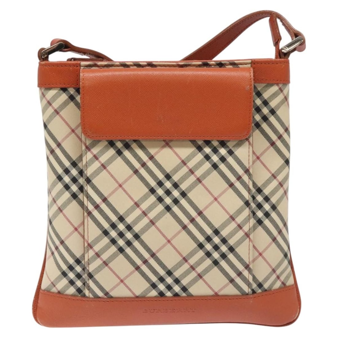 Nova check canvas and leather shoulder bag by Burberry: Nova check canvas and leather shoulder bag by Burberry This Burberry Nova check shoulder bag features a beige canvas body with leather accents, designed for women. It has a fair condition with signs o
