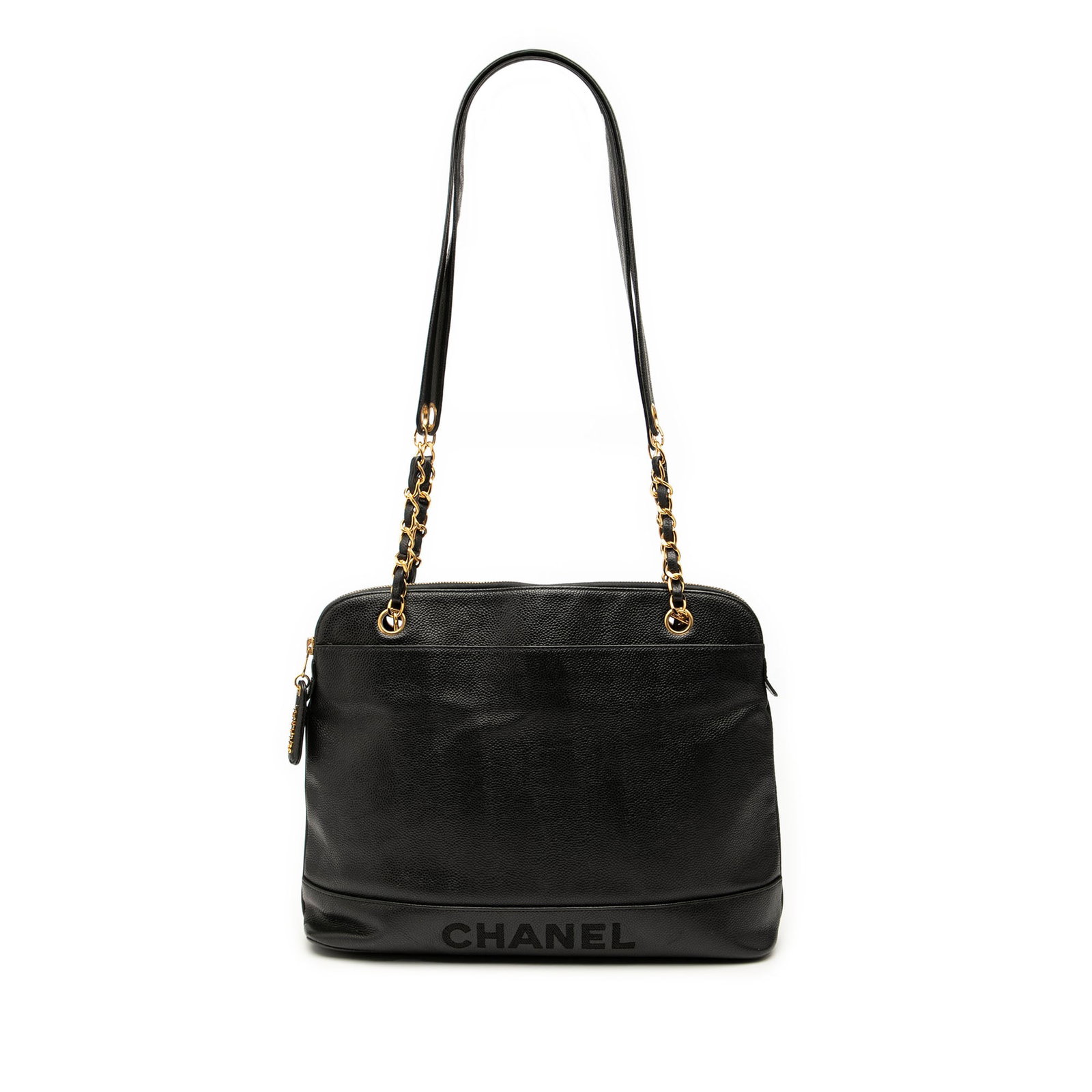 Chanel Caviar Leather Logo Chain Shoulder Bag Black: Chanel Caviar Leather Logo Chain Shoulder Bag Black Introducing the Chanel Caviar Logo Chain Shoulder Bag, a timeless accessory crafted from luxurious caviar leather. This elegant bag features a woven