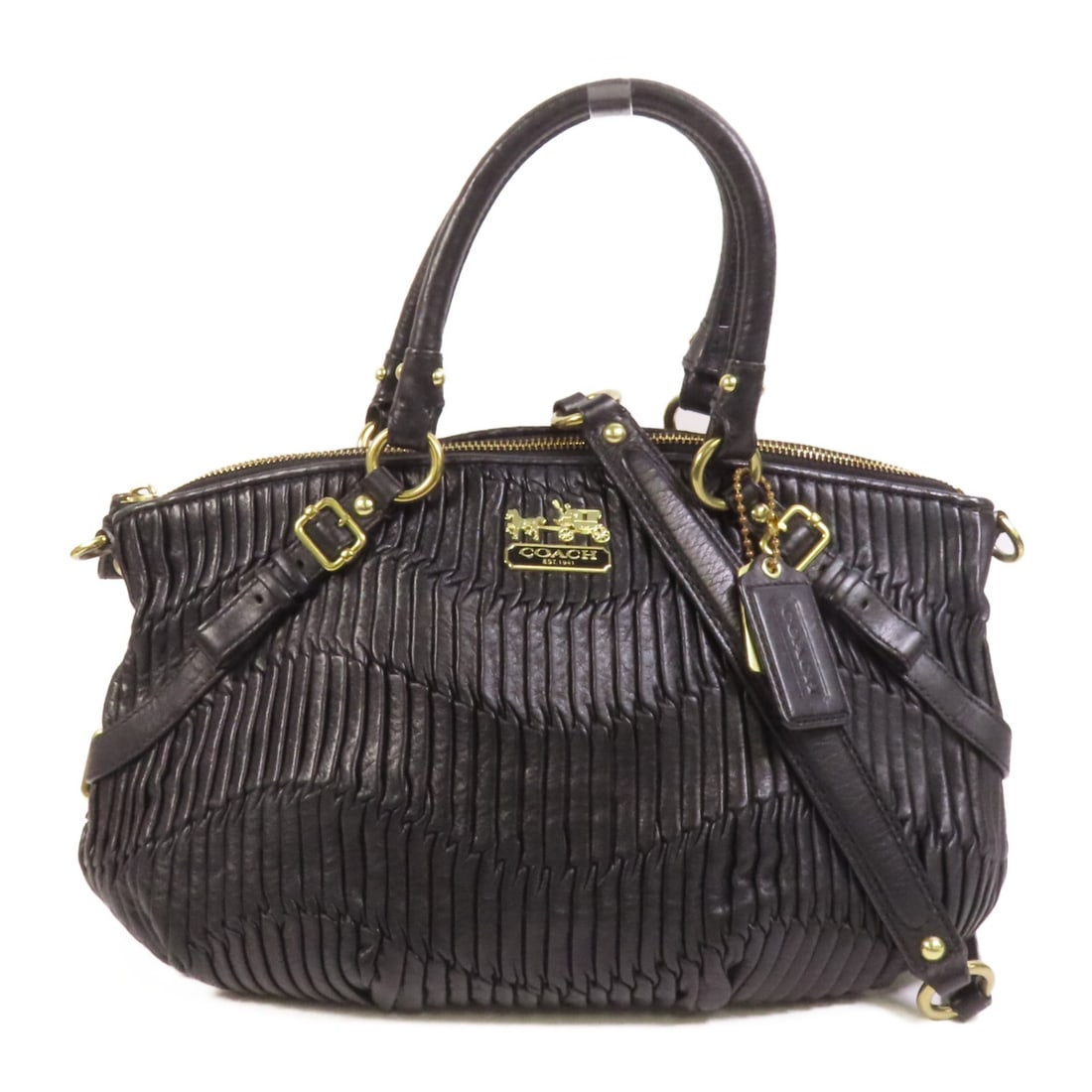 Coach Black Calfskin Leather Two Way Shoulder Bag with Chain Strap: Coach Black Calfskin Leather Two Way Shoulder Bag with Chain Strap This COACH 2-way shoulder bag features luxurious black calfskin leather and a versatile design with chain shoulder straps. Crafted in