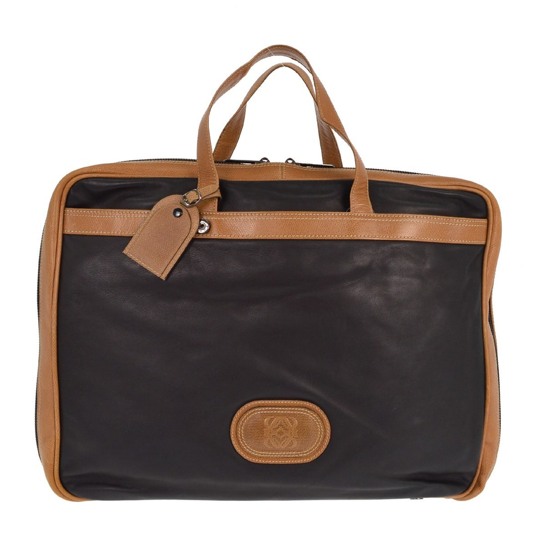 Extra Large Loewe Lambskin Leather Travel Bag with Double Handles: Extra Large Loewe Lambskin Leather Travel Bag with Double Handles This Loewe travel handbag is crafted from black and brown lambskin leather and features double handles for easy carrying. It is design