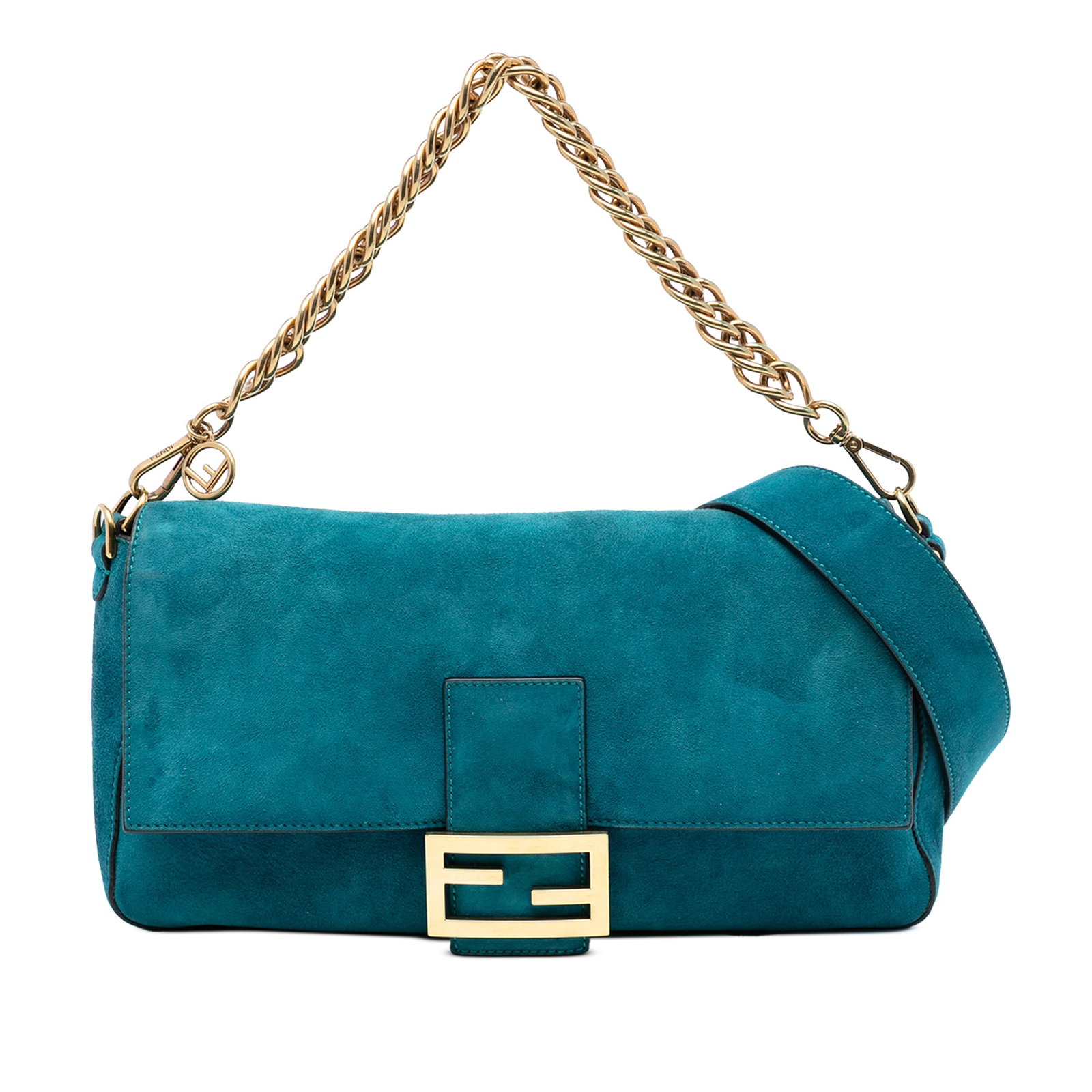 Fendi Baguette Satchel in Blue Suede with Detachable Chain Handle: Fendi Baguette Satchel in Blue Suede with Detachable Chain Handle This Fendi Large Suede Chamois Baguette Satchel showcases a blue suede leather body with both a detachable chain link handle and a det
