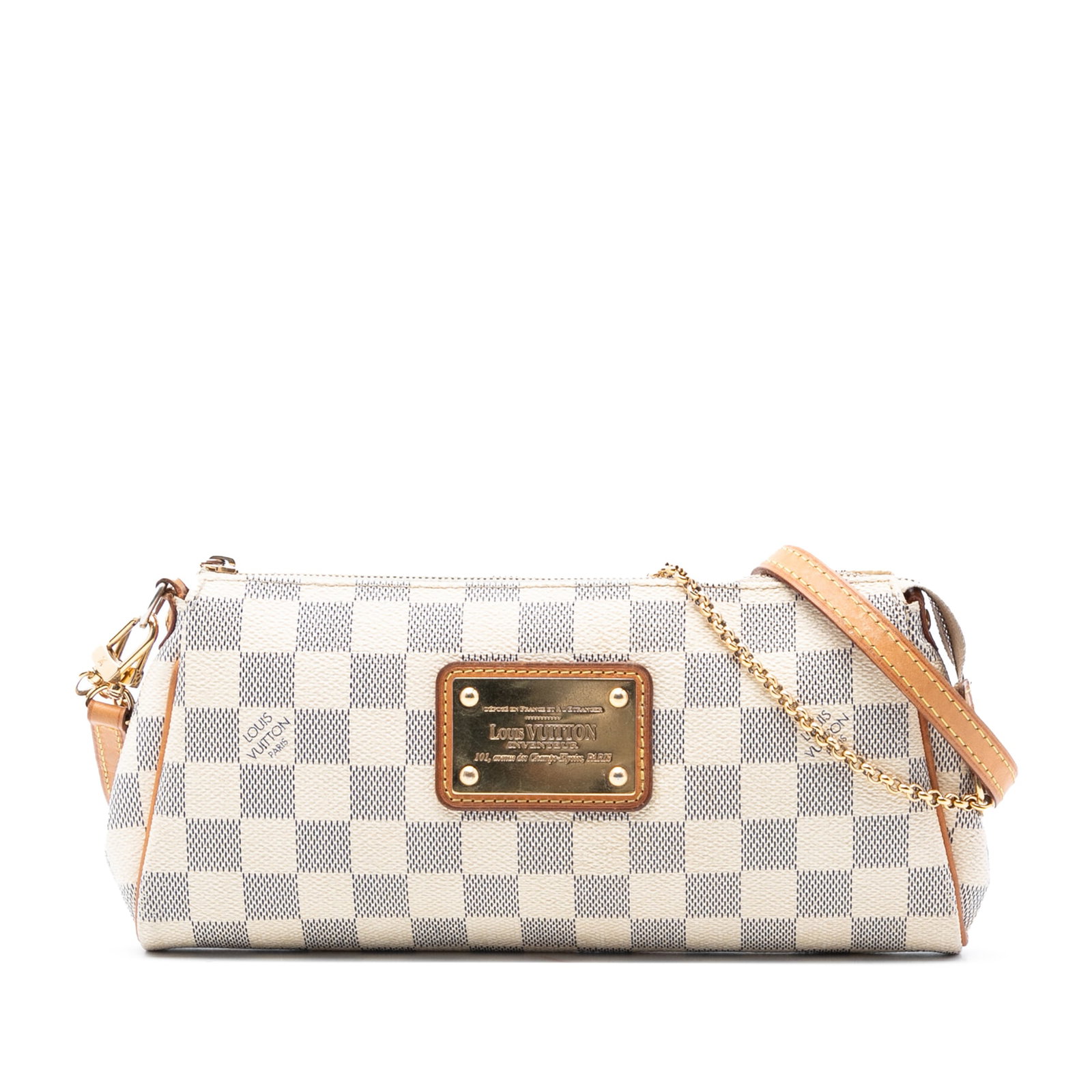 Louis Vuitton Eva Clutch in Damier Azur Canvas with Removable Chain Strap: Louis Vuitton Eva Clutch in Damier Azur Canvas with Removable Chain Strap The Louis Vuitton Damier Azur Eva bag features a damier azur canvas body with a removable chain handle and a detachable flat v
