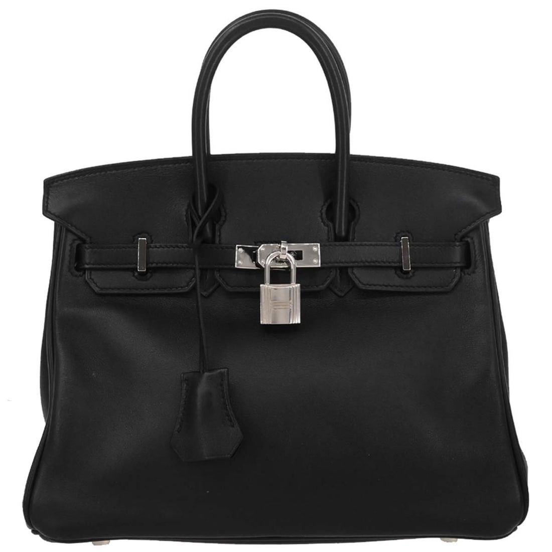 Hermes Birkin 25 Black Swift Leather Top Handle Bag with Lock Accents: Hermes Birkin 25 Black Swift Leather Top Handle Bag with Lock Accents This Hermes Birkin 25 handbag features a black swift leather exterior with a medium-sized top handle design. The bag includes doub