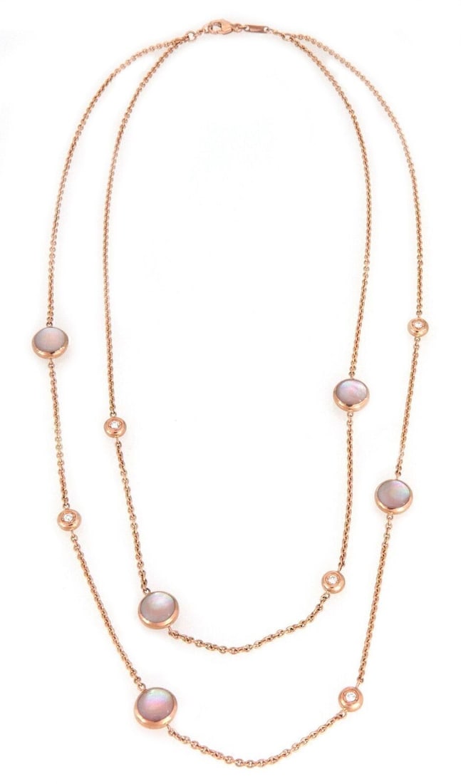 Diamond and Mother of Pearl Double Strand 18k Rose Gold Necklace by Kabana: Diamond and Mother of Pearl Double Strand 18k Rose Gold Necklace by Kabana This Kabana double-layered necklace showcases diamond and mother of pearl button motifs set in elegant 18k rose gold. The des