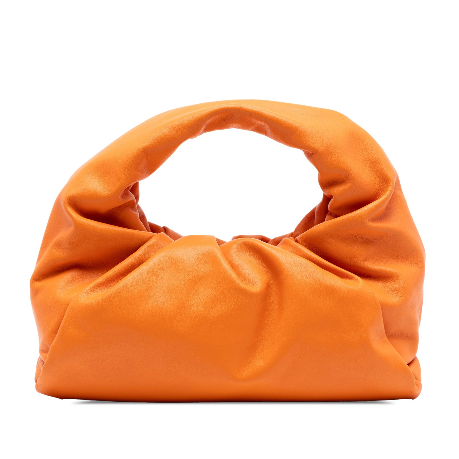 Bottega Veneta Orange Leather Shoulder Pouch Bag with Magnetic Closure: Bottega Veneta Orange Leather Shoulder Pouch Bag with Magnetic Closure This Bottega Veneta The Shoulder Pouch features an orange leather body with a matching leather handle and a magnetic frame closur
