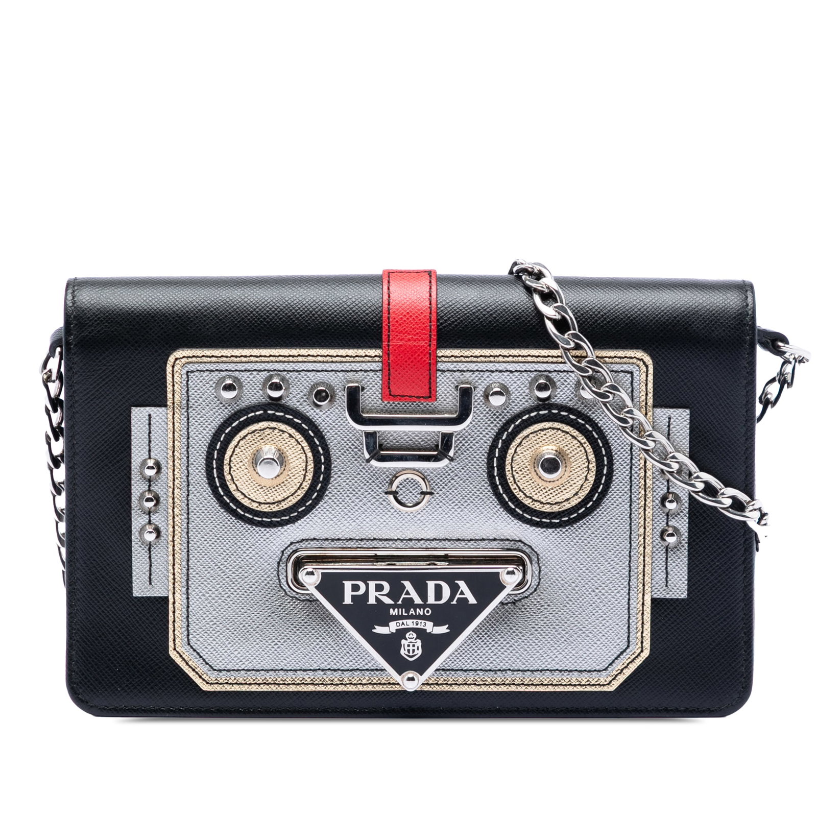 Prada Saffiano Robot Black Leather Chain Crossbody Wallet Bag: Prada Saffiano Robot Black Leather Chain Crossbody Wallet Bag This Prada Saffiano Robot Wallet on Chain is crafted from black Saffiano leather and features a chain link strap, front flap closure, and 