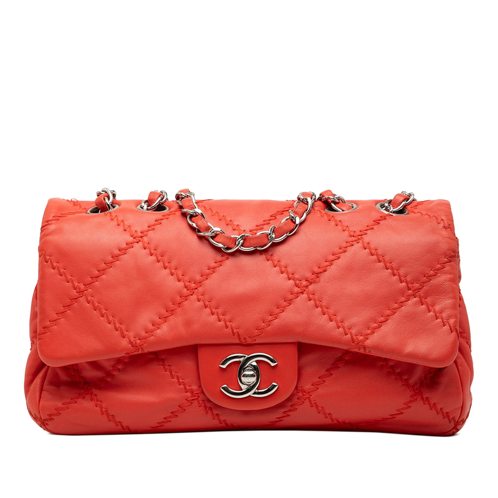 Chanel Ultimate Stitch Flap Orange Quilted Lambskin Shoulder Bag: Chanel Ultimate Stitch Flap Orange Quilted Lambskin Shoulder Bag This Chanel Quilted Lambskin Ultimate Stitch Flap shoulder bag features a quilted leather body in orange, leather-woven chain straps, a