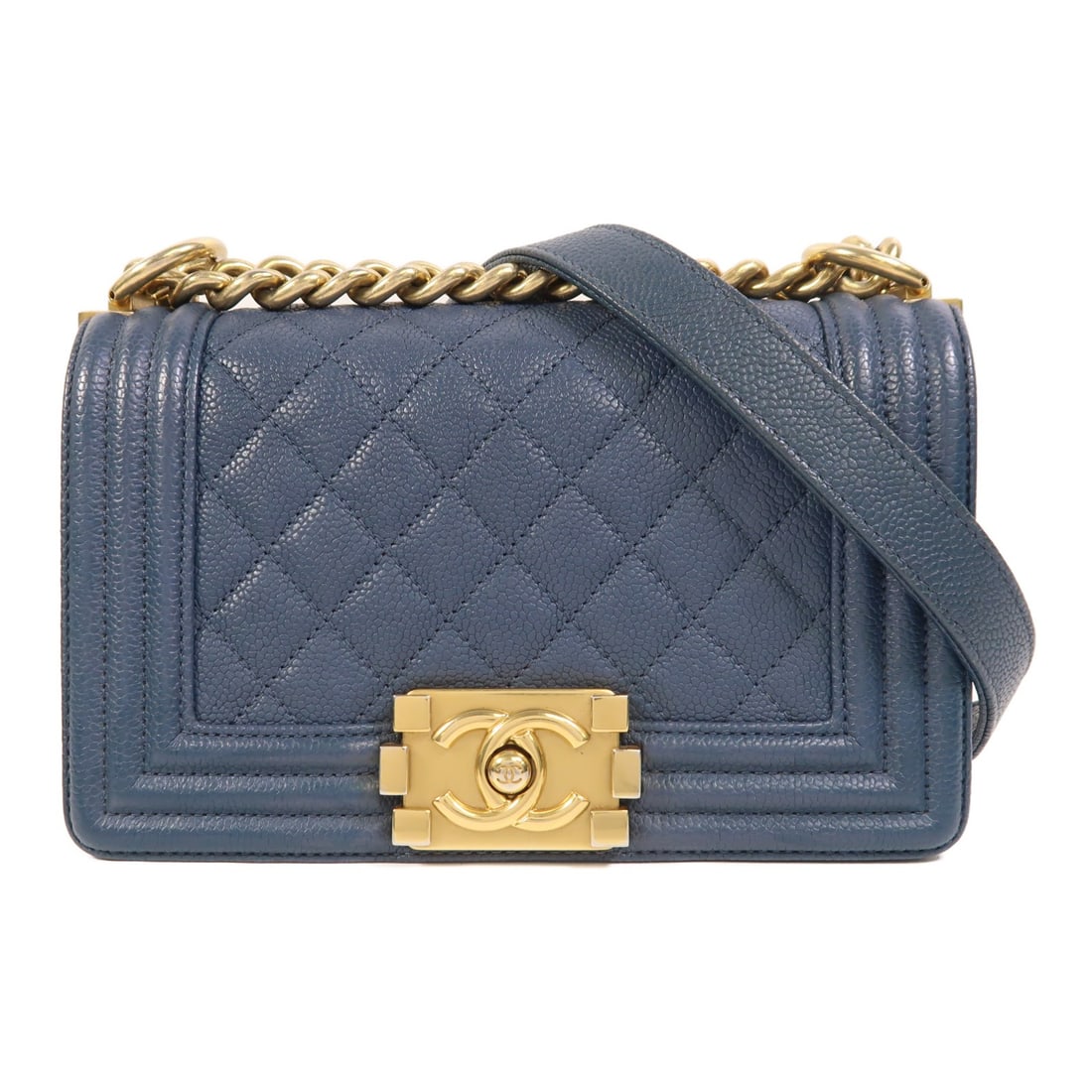 Chanel Boy 20 Blue Calfskin Chain Shoulder Bag with Gold Hardware: Chanel Boy 20 Blue Calfskin Chain Shoulder Bag with Gold Hardware This CHANEL Boy 20 shoulder bag features a blue calfskin leather exterior, offering a classic and elegant look. The bag is designed wi