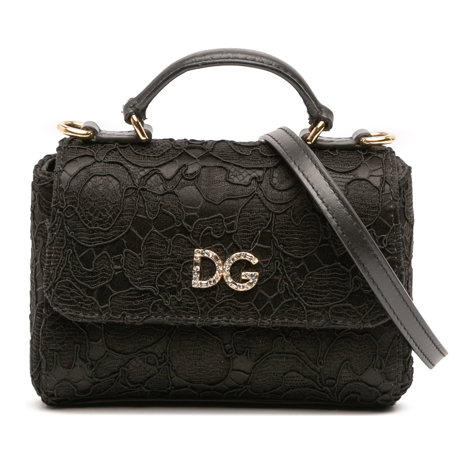 Dolce & Gabbana Black Silk Lace DG Flap Satchel with Crystals: Dolce & Gabbana Black Silk Lace DG Flap Satchel with Crystals Elevate your accessory collection with this exquisite Dolce & Gabbana Silk and Lace Crystal Embellished DG Flap Satchel. Crafted from a lu