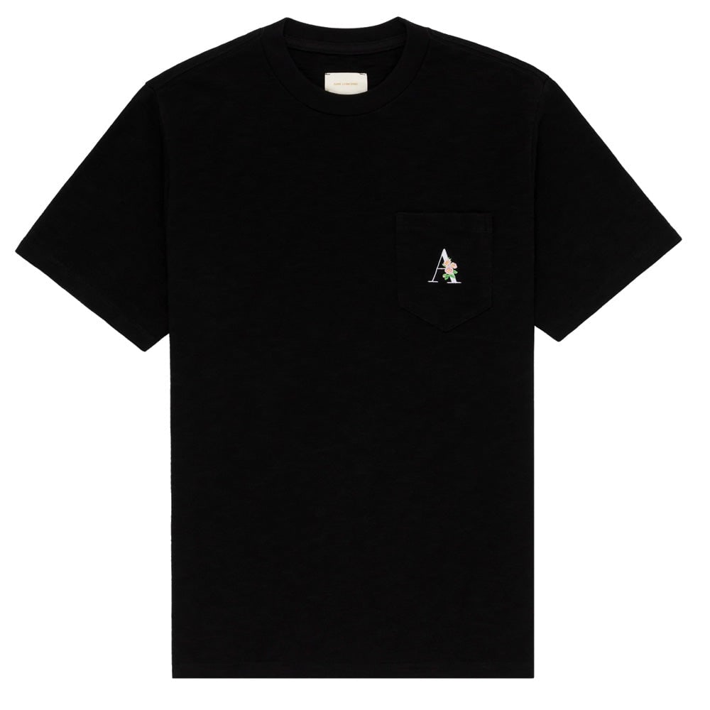 Medium Floral A Black Slub Pocket T Shirt by Aime Leon Dore: Medium Floral A Black Slub Pocket T Shirt by Aime Leon Dore This Aime Leon Dore Floral A Slub Black Pocket Tee features a classic crewneck design with a chest pocket. The tee showcases a floral "A" mo