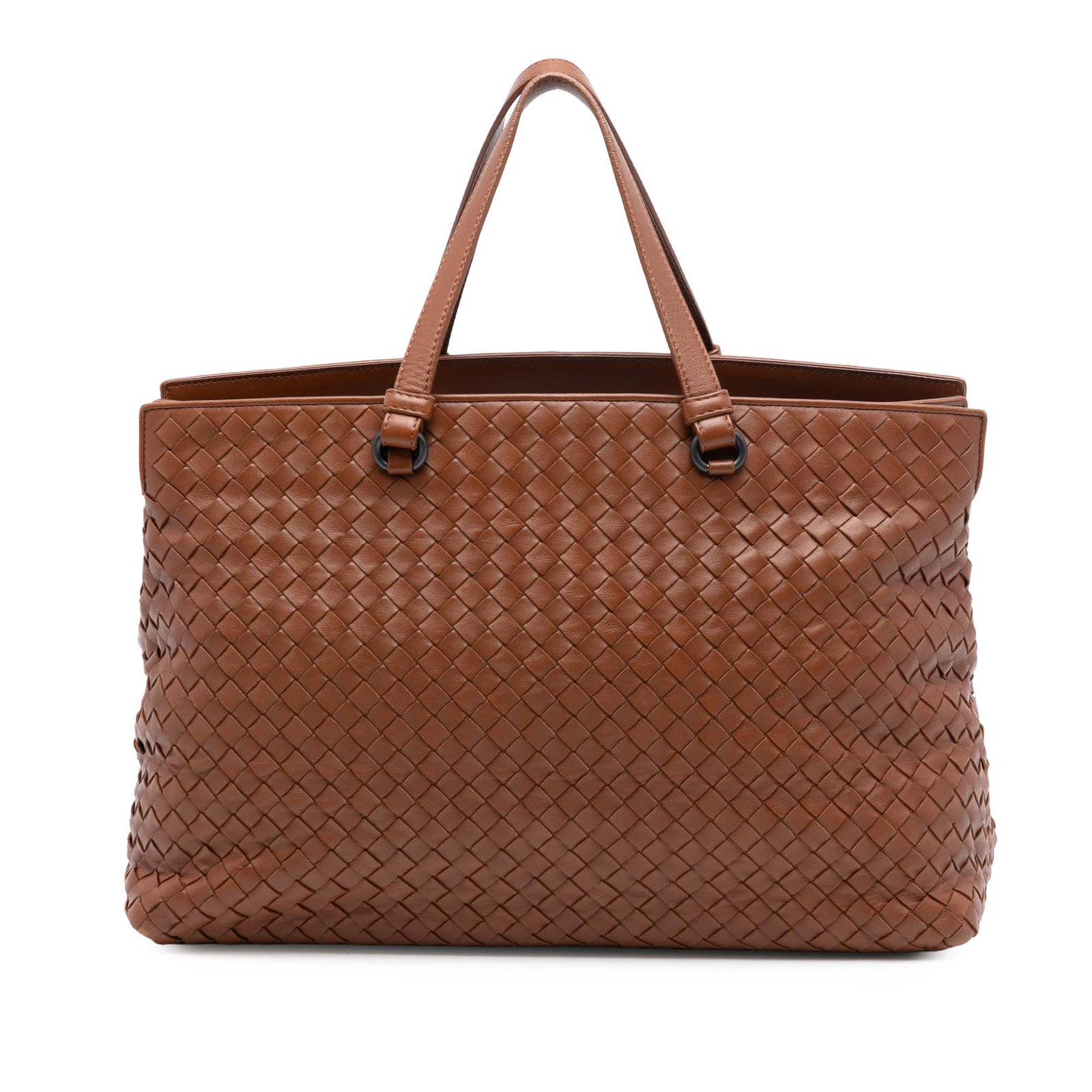 Brown Nappa Leather Tote Bag by Bottega Veneta Intrecciato: Brown Nappa Leather Tote Bag by Bottega Veneta Intrecciato This Bottega Veneta tote bag features a woven nappa leather body with flat leather handles and a top zip closure. The bag is presented in bro