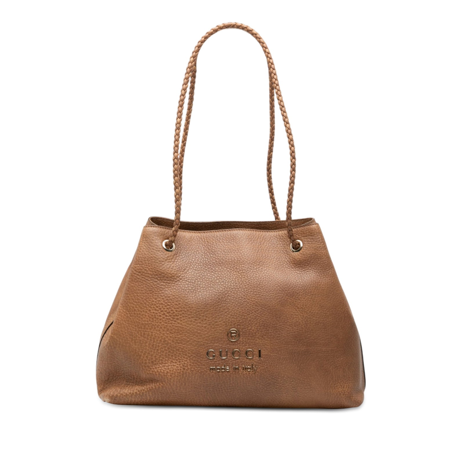 Gucci Gifford Medium Brown Leather Tote with Braided Handles: Gucci Gifford Medium Brown Leather Tote with Braided Handles This Gucci Medium Leather Gifford Tote features a brown leather body with braided leather straps. The bag has an open top, interior zip and