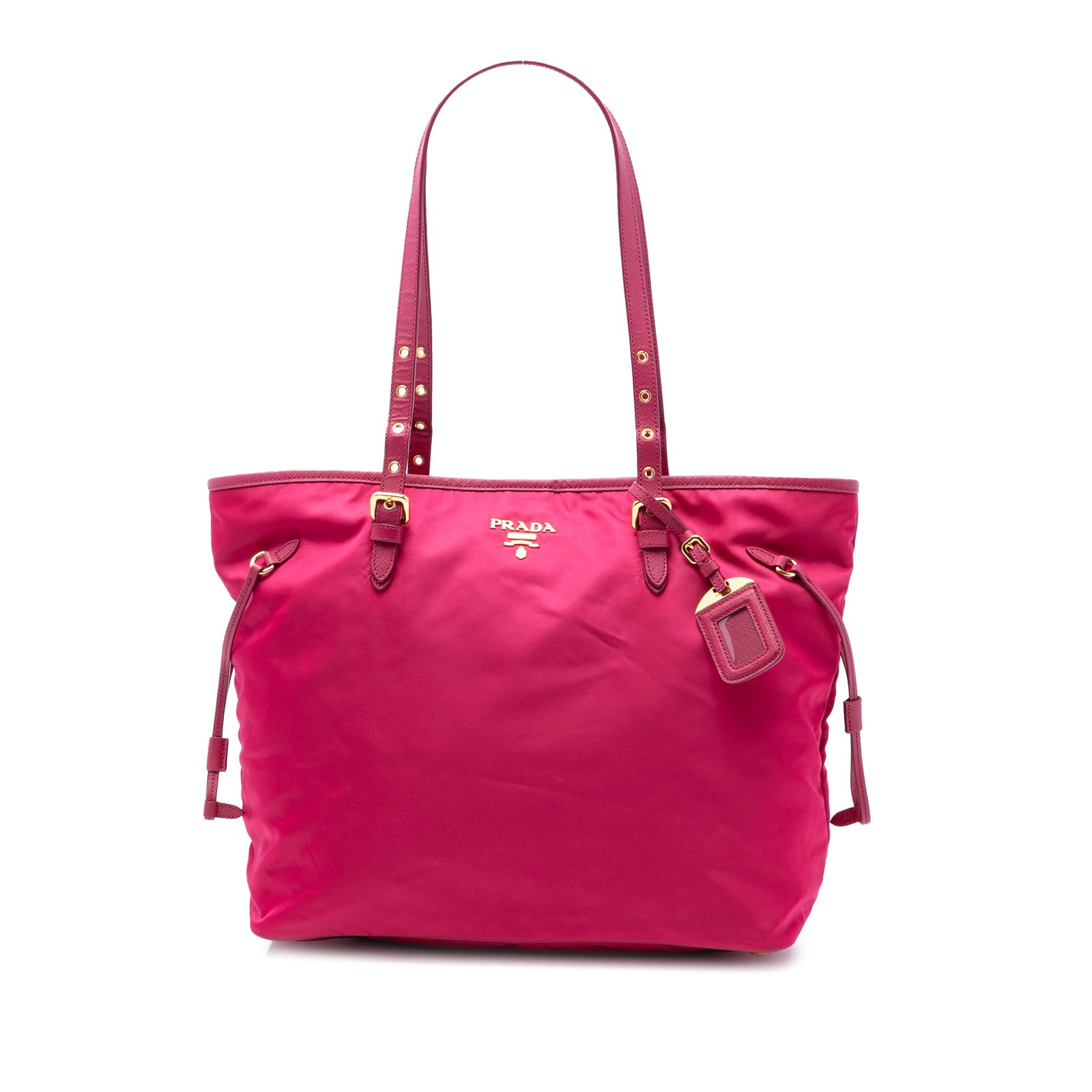 Pink Tessuto Tote with Saffiano Leather Trim by Prada: Pink Tessuto Tote with Saffiano Leather Trim by Prada This Prada Saffiano Trimmed Tessuto Tote features a pink nylon body with saffiano leather trim, adjustable flat leather straps, an open top with d