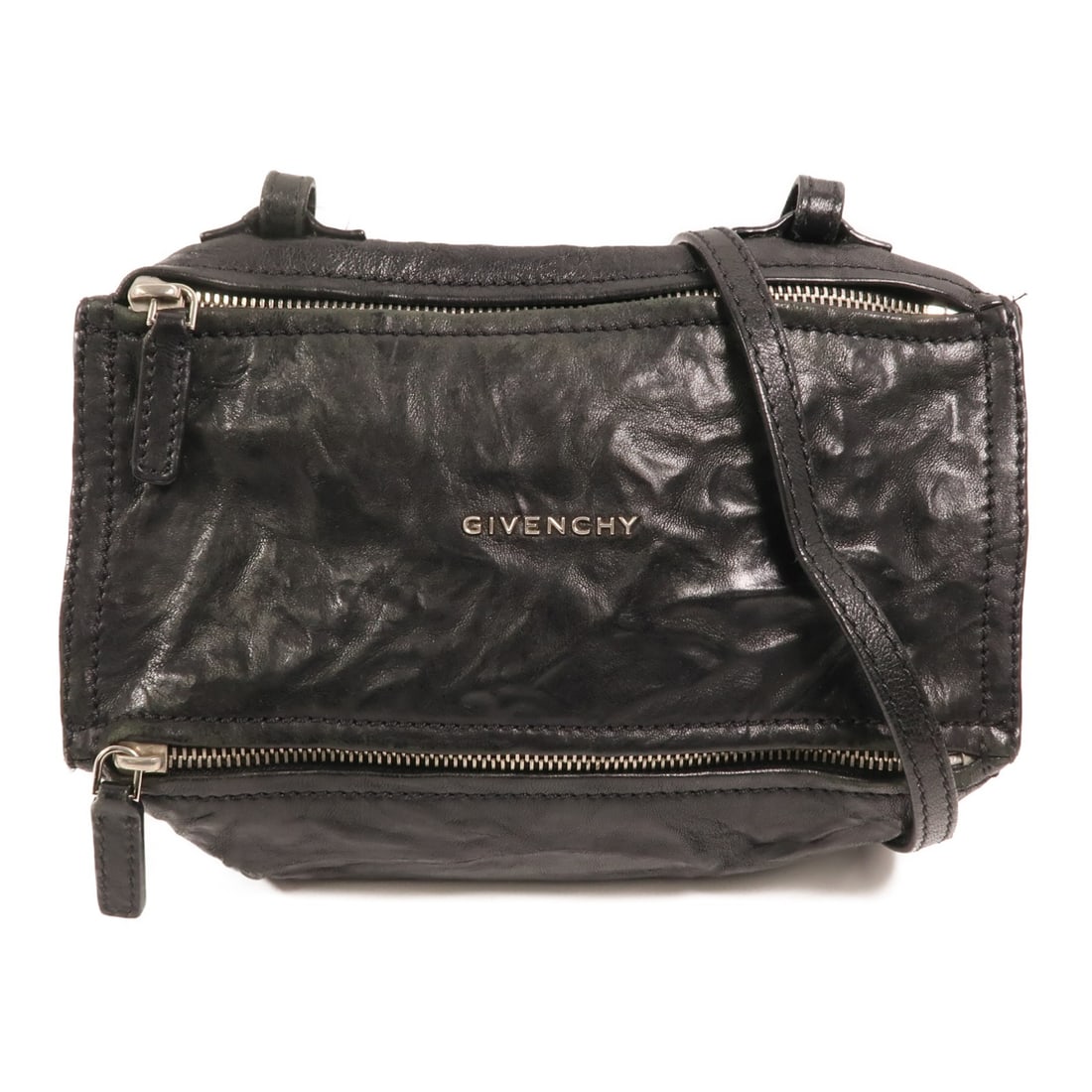 Givenchy Pandora Small Black Calfskin Leather Shoulder Bag Silver Hardware: Givenchy Pandora Small Black Calfskin Leather Shoulder Bag Silver Hardware This Givenchy Pandora Small Shoulder Bag is crafted from black calfskin leather and features a compact, structured silhouette