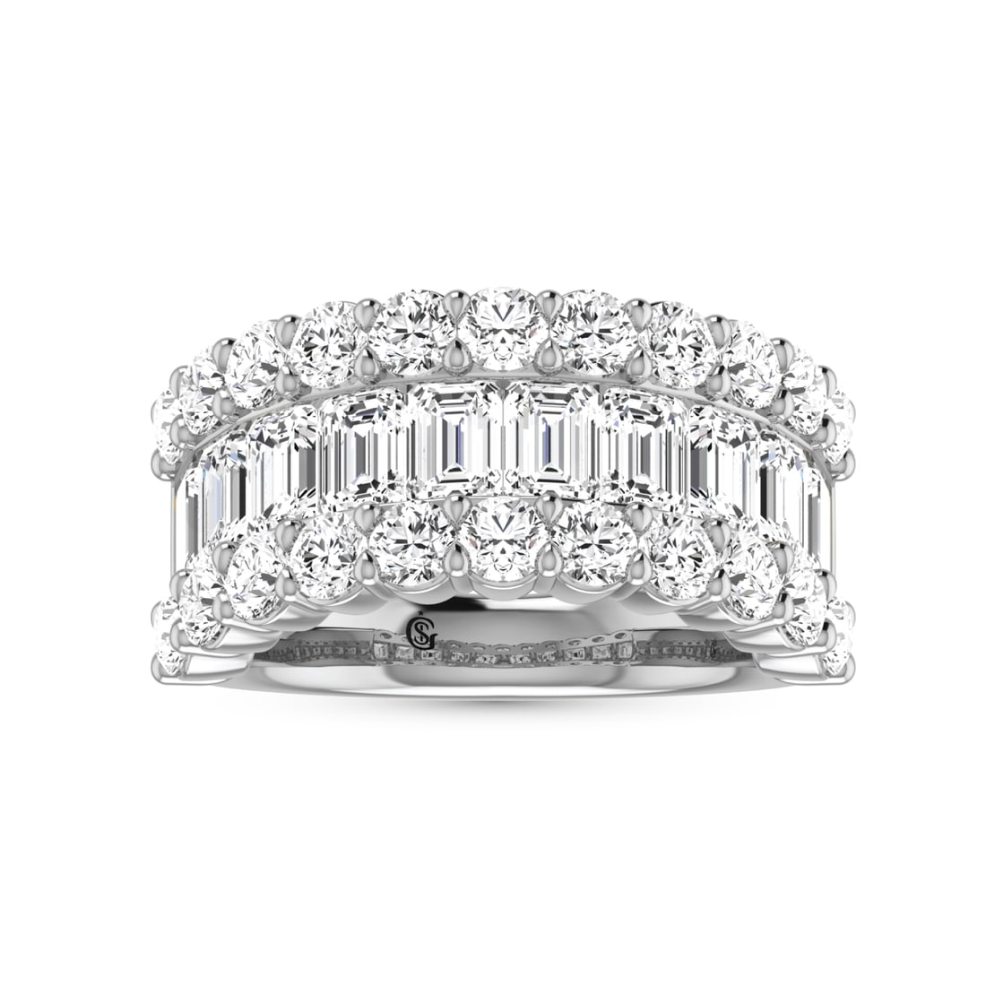 14K White Gold Lab Grown Diamond 4 3/8 Ct.Tw. Round and Emerald Band: 14K White Gold Lab Grown Diamond 4 3/8 Ct.Tw. Round and Emerald Band An extraordinary design crafted in 14K white gold, this band features 4 3/8 Ct.Tw. of lab grown round and emerald-cut diamonds for 