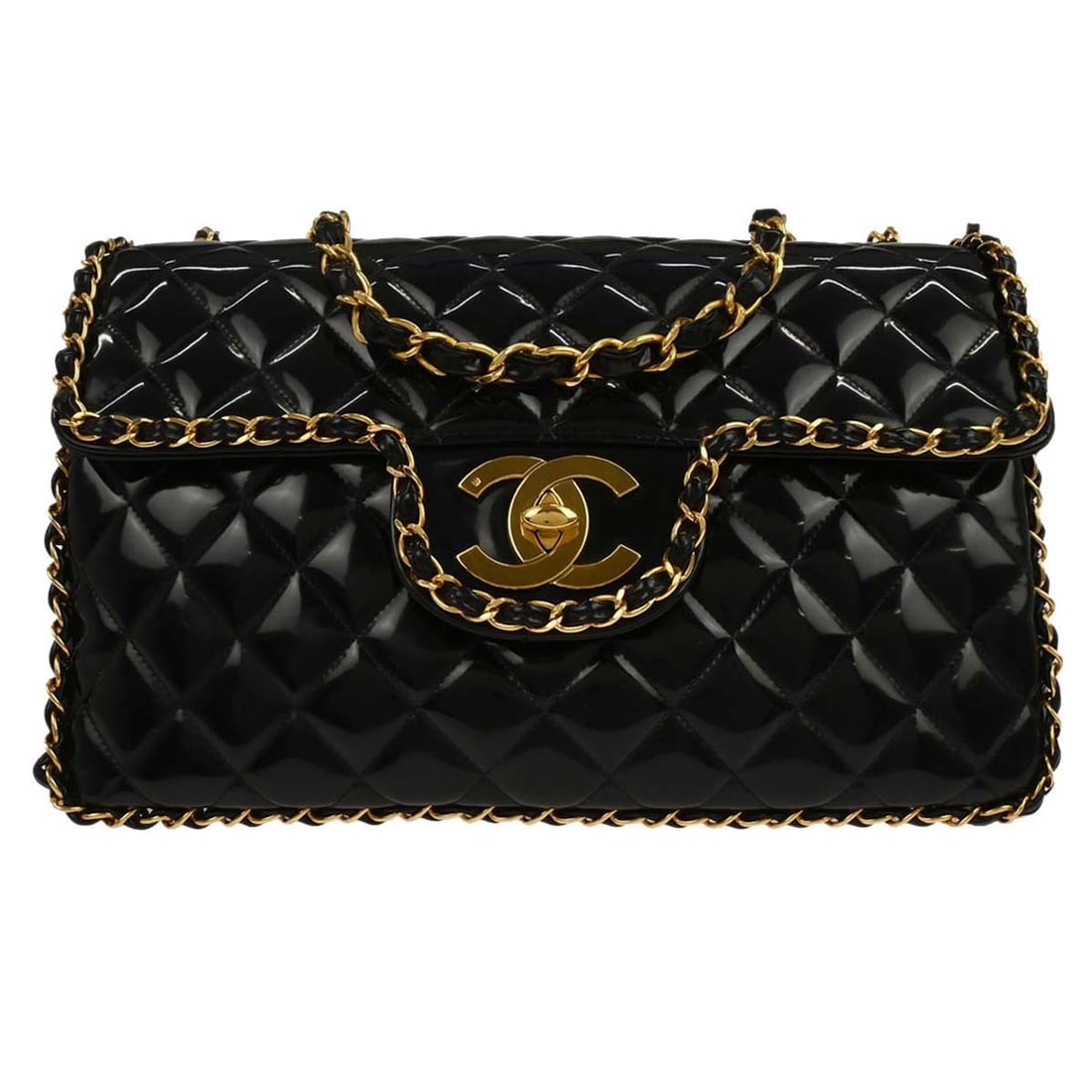 Chanel Maxi Matelasse Quilted Black Patent Leather Double Chain Shoulder Bag: Chanel Maxi Matelasse Quilted Black Patent Leather Double Chain Shoulder Bag This Chanel Maxi Classic Flap Shoulder Bag features black patent leather with a quilted matelasse pattern and a turn lock c