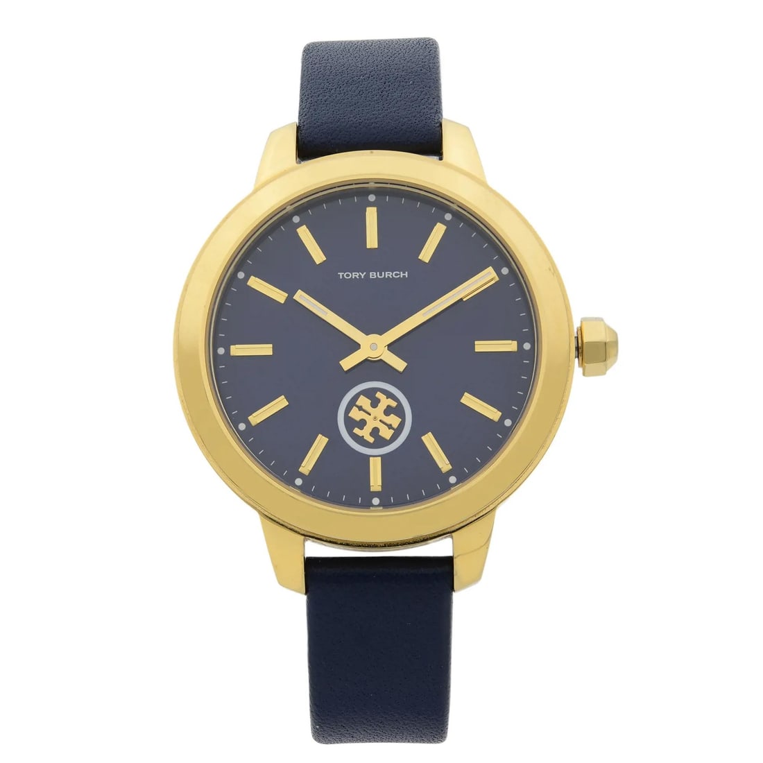 Tory Burch Collins 38mm Blue Dial Gold-Tone Quartz Women's Watch: Tory Burch Collins 38mm Blue Dial Gold-Tone Quartz Women's Watch Elevate your timepiece collection with the Tory Burch Collins 38mm Stainless Steel Quartz Women's Watch. This elegant wristwatch featur