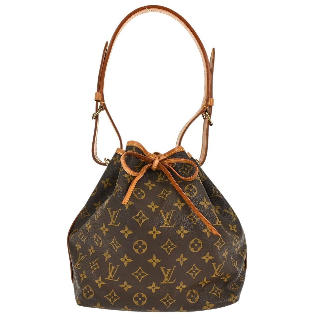 Louis Vuitton Petite Noe Monogram Canvas Medium Bucket Shoulder Bag: Louis Vuitton Petite Noe Monogram Canvas Medium Bucket Shoulder Bag This Louis Vuitton Petite Noe shoulder bag features the iconic Monogram canvas leather in brown, designed in a classic bucket and dr