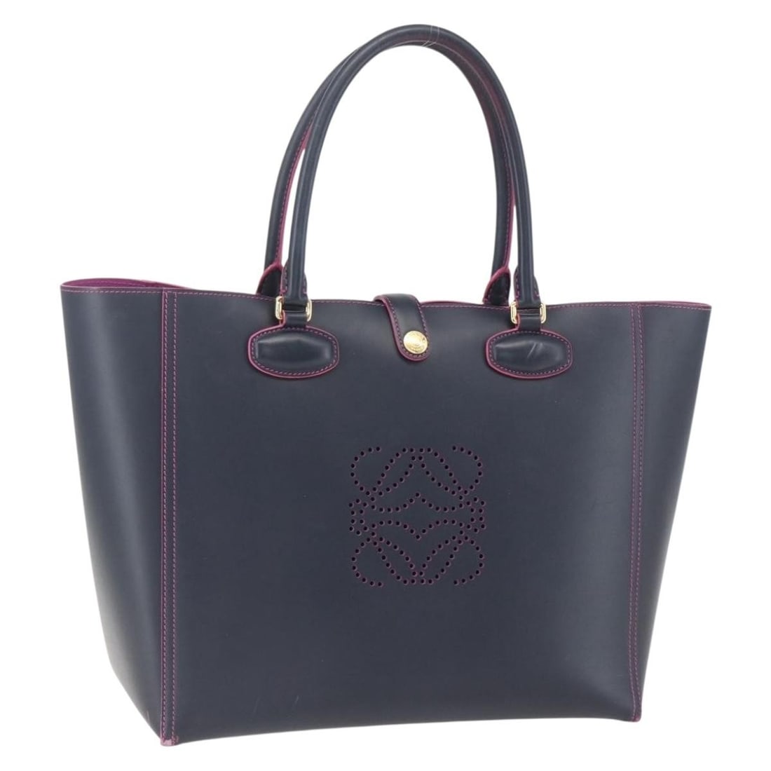 Leo Shopper Tote Navy Perforated Leather Bag by Loewe: Leo Shopper Tote Navy Perforated Leather Bag by Loewe The Loewe Leo Shopper Tote is crafted from perforated leather in a navy color. Designed for women, this pre-owned tote shows signs of use includin