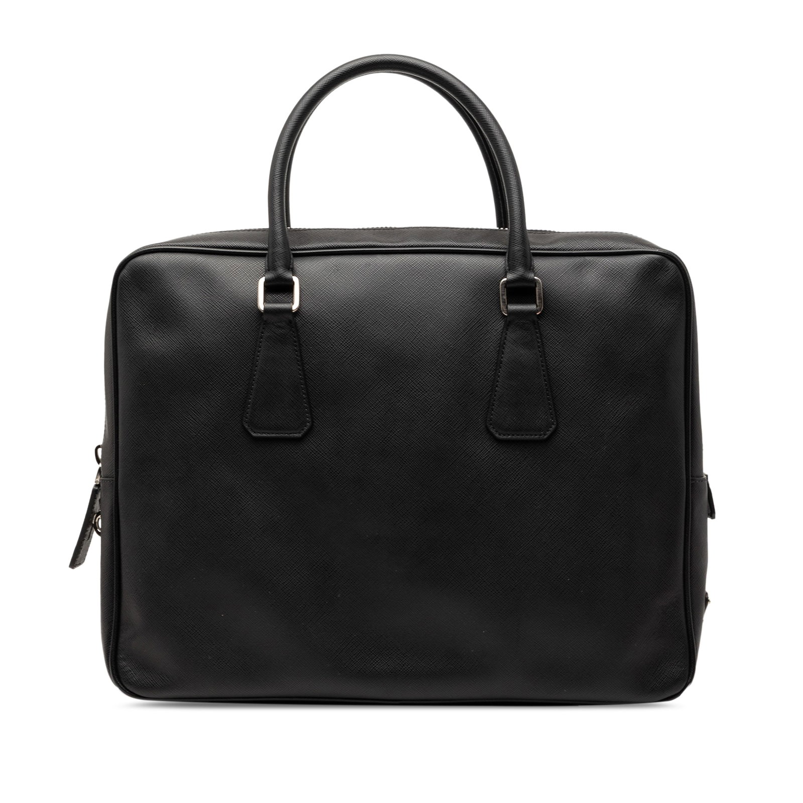Black Prada Saffiano Leather Business Tote with Rolled Handles: Black Prada Saffiano Leather Business Tote with Rolled Handles This Prada Saffiano Business Bag is crafted from black saffiano leather and features rolled handles, a top zip closure, and interior zip 