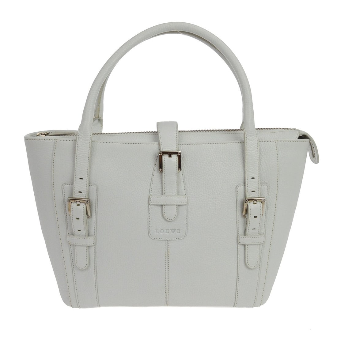 Loewe Senda Large White Leather Tote Double Handles Zip Closure: Loewe Senda Large White Leather Tote Double Handles Zip Closure This Loewe Senda tote bag is crafted from white leather and features a large size with double handles. The bag is equipped with a zip cl