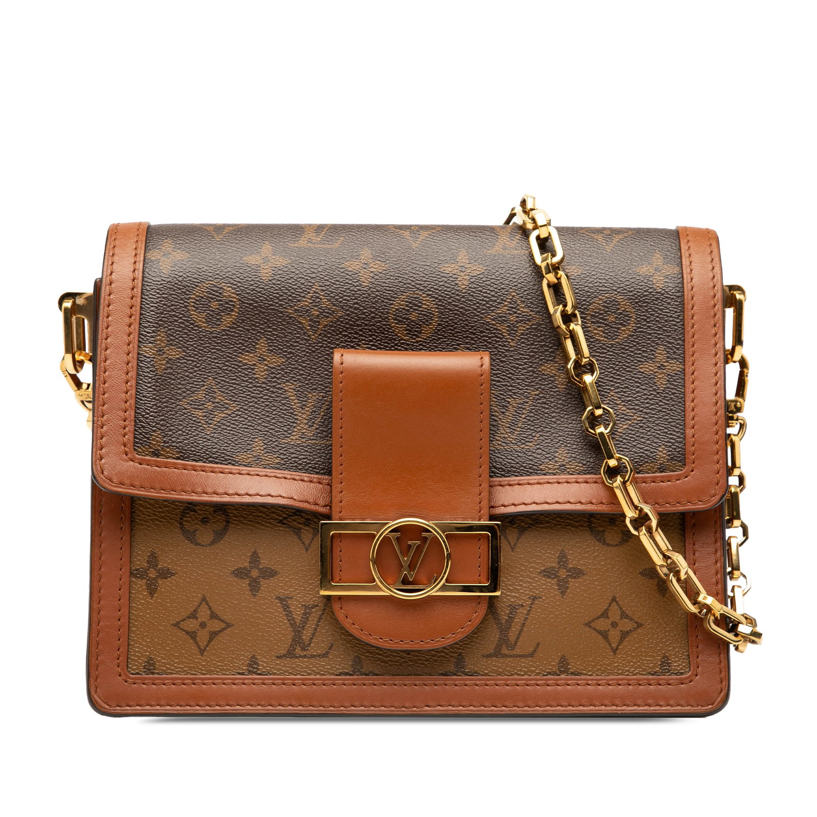 Louis Vuitton Dauphine MM Monogram Reverse Canvas Shoulder Bag: Louis Vuitton Dauphine MM Monogram Reverse Canvas Shoulder Bag The Louis Vuitton Monogram Reverse Dauphine MM features a monogram reverse canvas body with leather trim, a gold tone chain link and flat