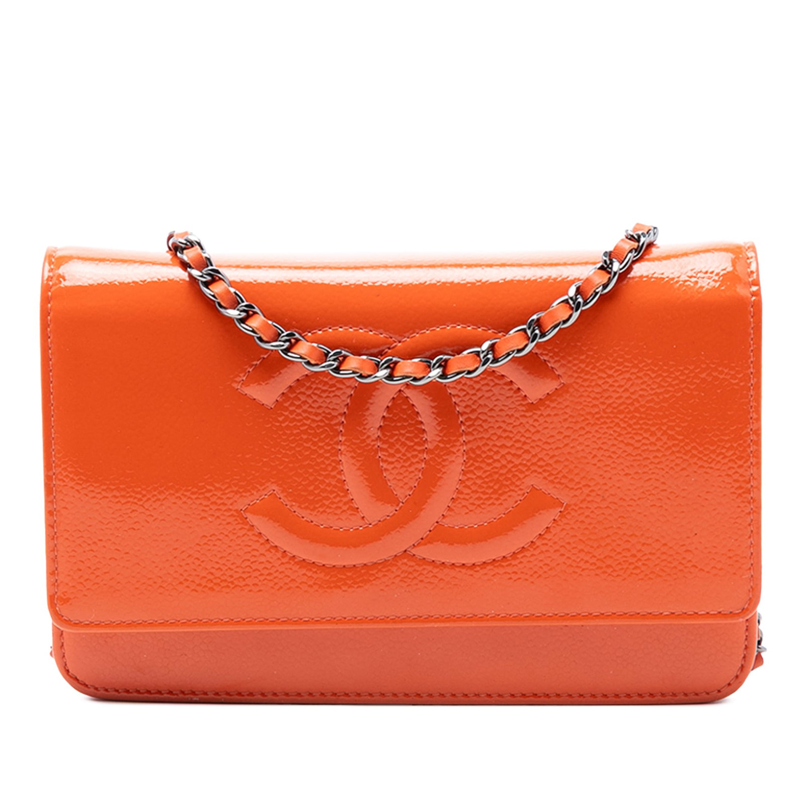 Chanel Wallet On Chain Orange Patent Caviar Leather with Chain Strap: Chanel Wallet On Chain Orange Patent Caviar Leather with Chain Strap This Chanel CC Patent Caviar Wallet On Chain features an orange patent caviar leather body, a leather woven chain link strap, and a