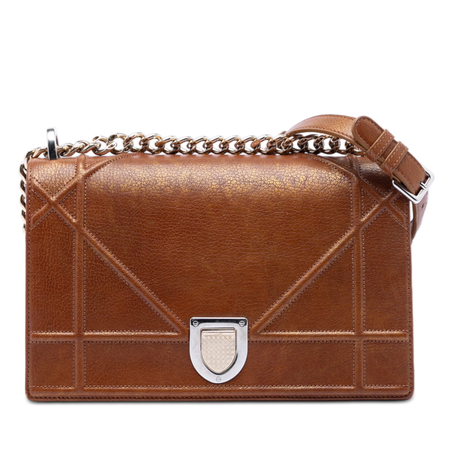 Dior Diorama Brown Goatskin Leather Medium Flap Bag with Chain Strap: Dior Diorama Brown Goatskin Leather Medium Flap Bag with Chain Strap This Dior Medium Goatskin Diorama Flap bag showcases a brown goatskin leather body with an adjustable curb chain strap featuring a 