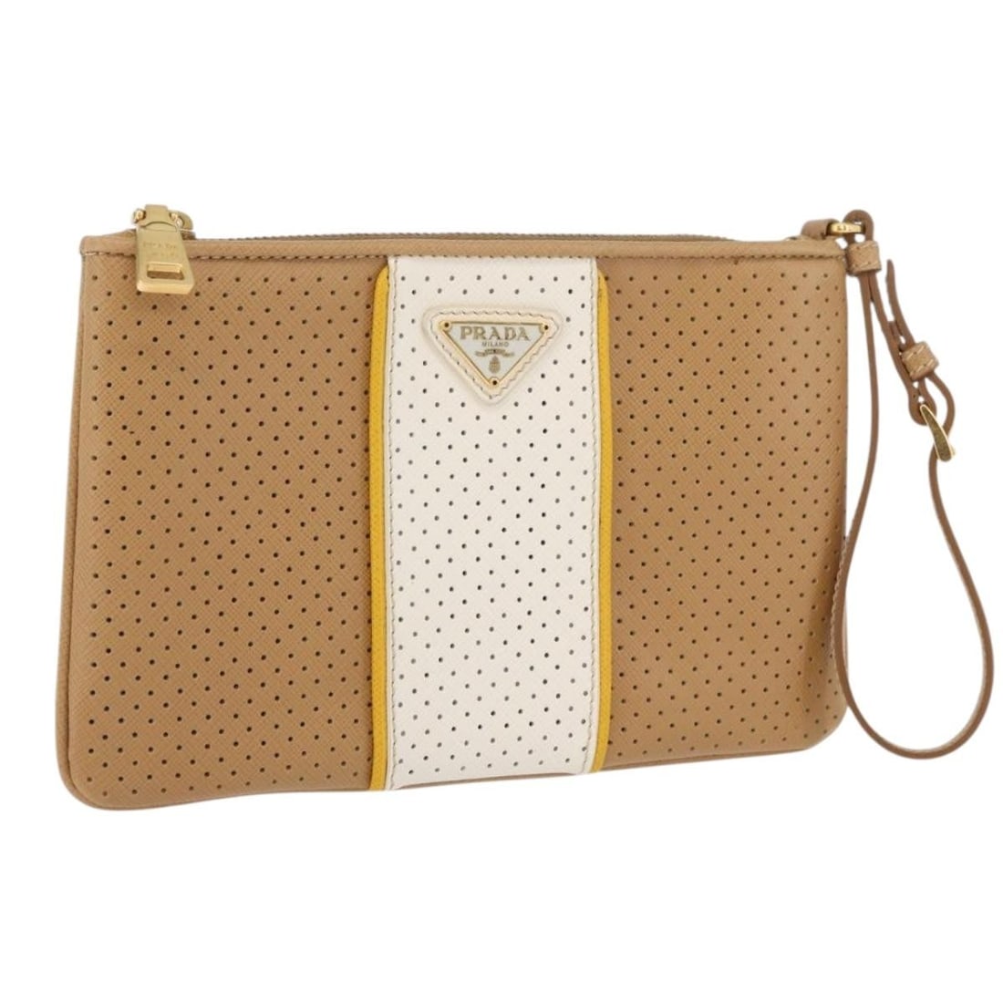 Prada Beige Leather Punching Pouch Gold Accents Italy (1 of 18)