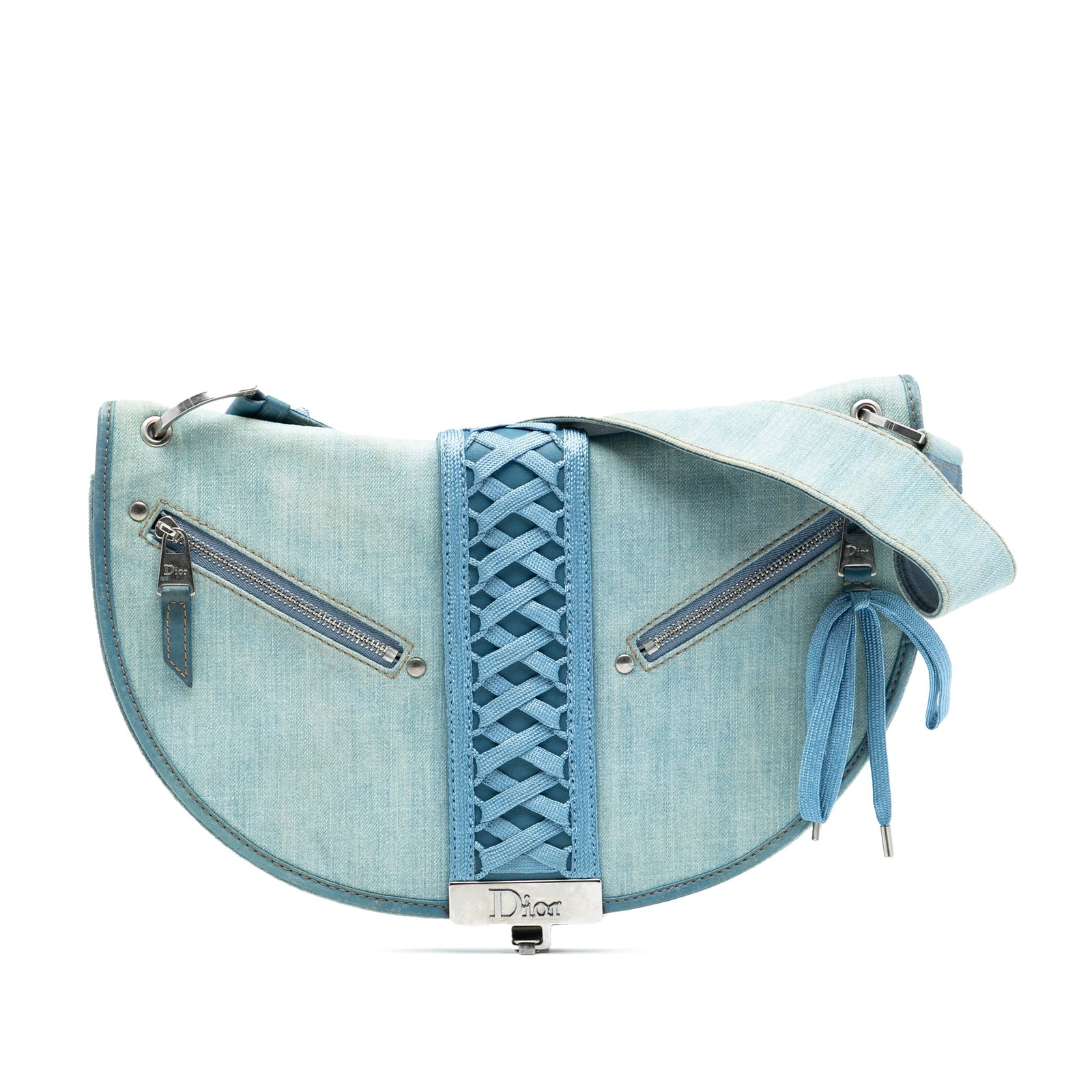 Blue Dior Admit It Flap Shoulder Bag in Denim and Leather: Blue Dior Admit It Flap Shoulder Bag in Denim and Leather This Dior Admit It flap bag features a blue denim body with leather trim and an adjustable flat shoulder strap with lace-up detail. The design