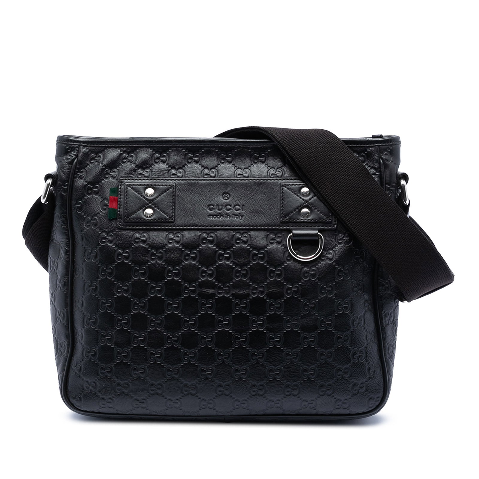 Gucci Guccissima Web Black Leather Adjustable Strap Crossbody Bag: Gucci Guccissima Web Black Leather Adjustable Strap Crossbody Bag This Gucci Guccissima Web Crossbody bag features an embossed leather body in black, an adjustable flat strap, a top zip closure, an ex