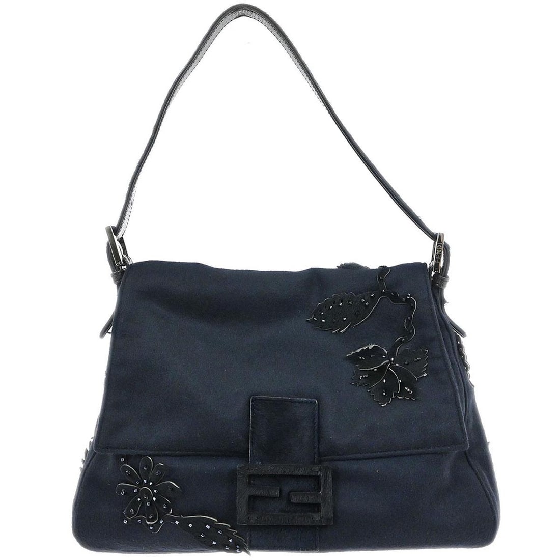 Fendi Mamma Baguette Black Wool Pony Hair Medium Handbag with White Handle: Fendi Mamma Baguette Black Wool Pony Hair Medium Handbag with White Handle This Fendi Mamma Baguette handbag features a black wool exterior with a signature logo accent and a white leather top handle.
