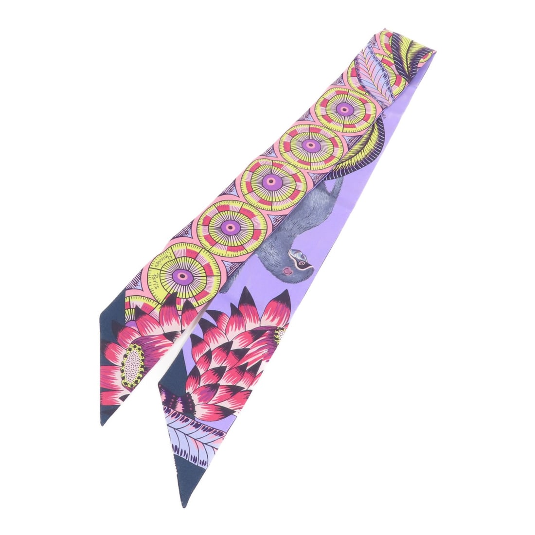 Hermes Silk Twilly Women's Scarf in Purple and Pink Tones: Hermes Silk Twilly Women's Scarf in Purple and Pink Tones This Hermes Twilly scarf is crafted from luxurious silk and features a vibrant multicolor design in shades of purple and pink. Designed for wo