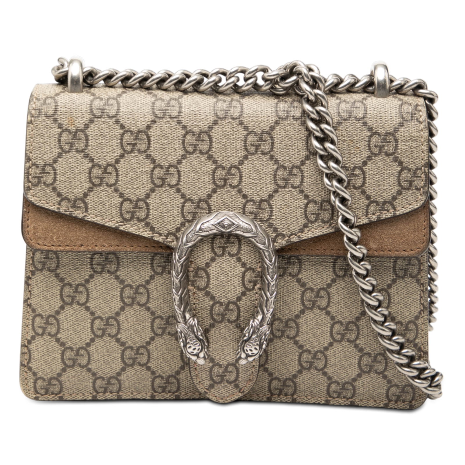 Gucci Dionysus Small GG Supreme Beige Canvas Crossbody Bag: Gucci Dionysus Small GG Supreme Beige Canvas Crossbody Bag This Gucci Small GG Supreme Dionysus Crossbody bag showcases a coated canvas body with suede leather trim, complemented by a silver-tone chai