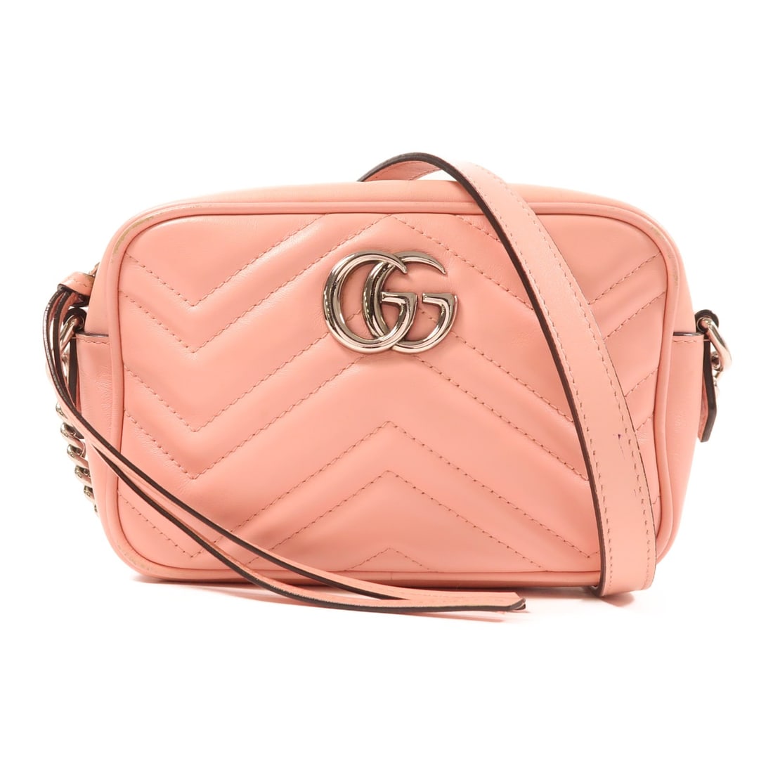 Gucci Pink Calfskin GG Marmont Shoulder Bag 634936 with Silver Hardware: Gucci Pink Calfskin GG Marmont Shoulder Bag 634936 with Silver Hardware This Gucci GG Marmont shoulder bag features a pink calfskin leather exterior and silver-tone hardware. The bag is designed for r