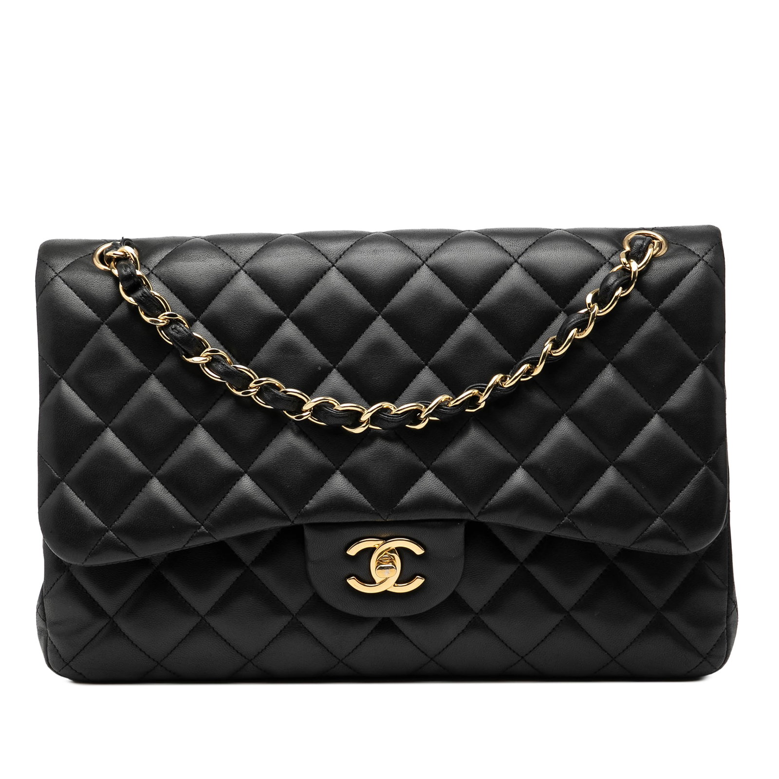 Black Chanel Jumbo Classic Double Flap Quilted Lambskin Shoulder Bag: Black Chanel Jumbo Classic Double Flap Quilted Lambskin Shoulder Bag This Chanel Jumbo Classic Lambskin Double Flap shoulder bag features a quilted lambskin leather exterior in black, leather-woven ch