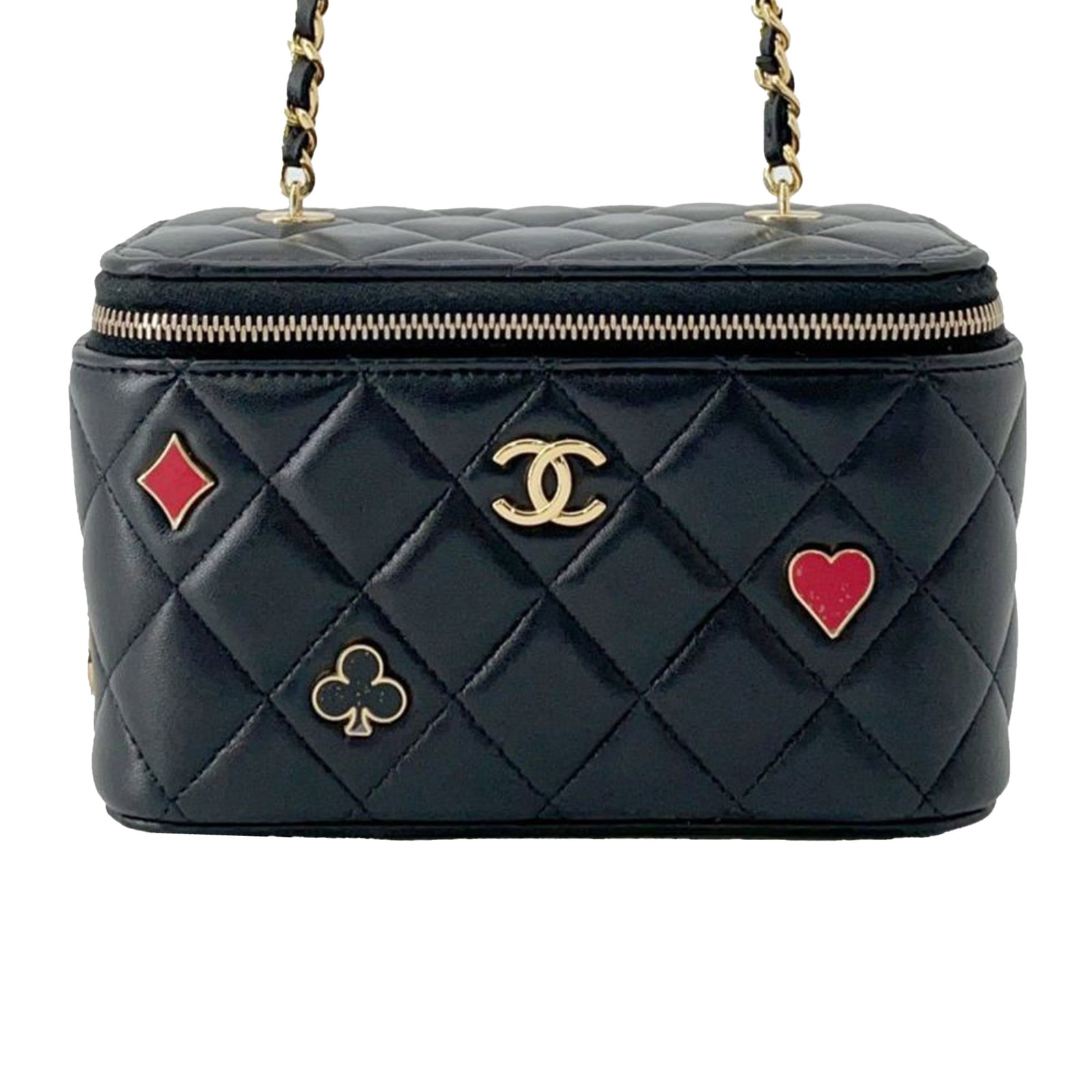 Chanel Black Lambskin Coco Casino Vanity Case with Chain Strap: Chanel Black Lambskin Coco Casino Vanity Case with Chain Strap This Chanel Lambskin Coco Casino Vanity Case is a stylish and functional accessory crafted from high-quality quilted lambskin leather. It