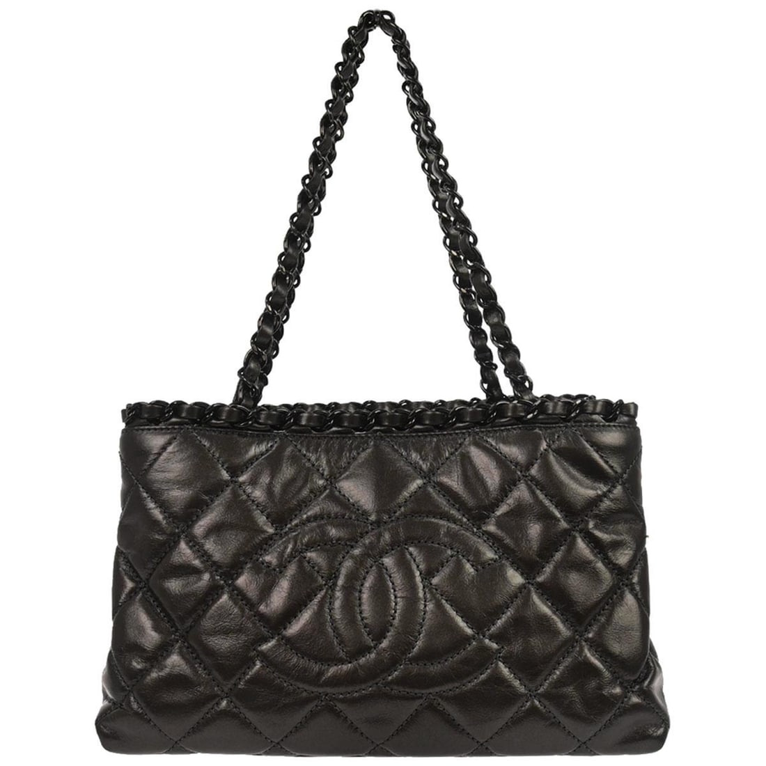 Chanel Chain Me Tote Metallic Gray Calfskin Leather Medium Handbag: Chanel Chain Me Tote Metallic Gray Calfskin Leather Medium Handbag This Chanel Metallic Gray Calfskin Chain Me Tote Handbag features a medium-sized silhouette crafted from leather with a metallic gray