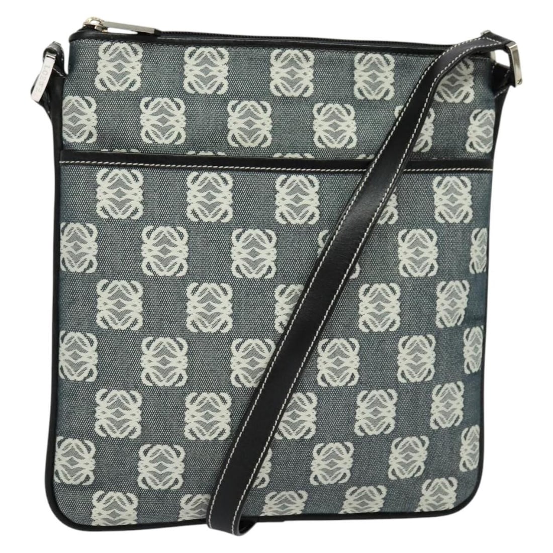 Loewe Canvas Gray Shoulder Bag Anagram 26cm by 27cm: Loewe Canvas Gray Shoulder Bag Anagram 26cm by 27cm This Loewe Anagram Shoulder Bag for women features a gray canvas exterior with leather accents and metal fittings. The bag measures 26 cm by 27 cm b