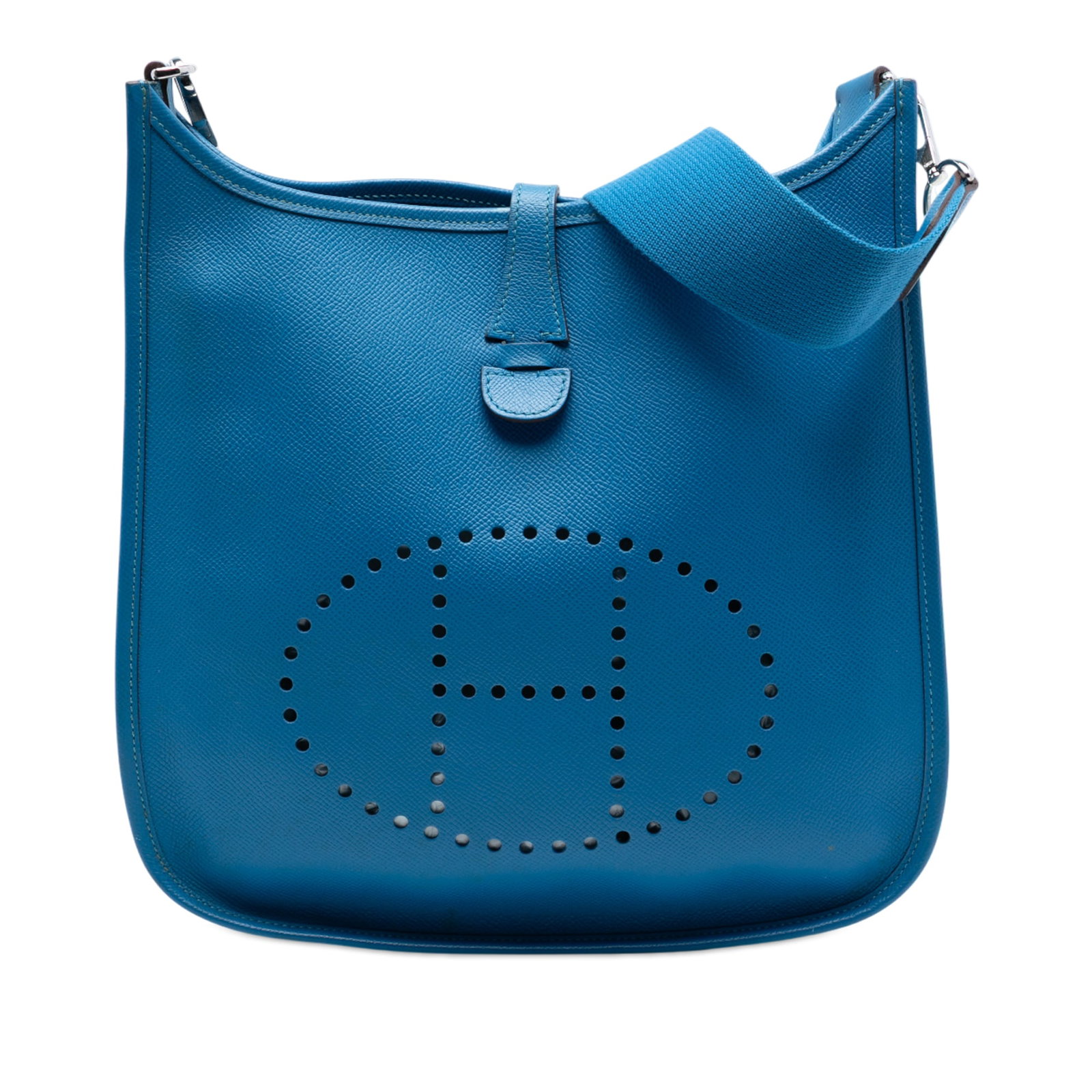 Blue Zanzibar Epsom Leather Evelyne III 29 Shoulder Bag by Hermes: Blue Zanzibar Epsom Leather Evelyne III 29 Shoulder Bag by Hermes The Hermes Evelyne III 29 features a Blue Zanzibar Epsom leather body with an exterior back slip pocket, adjustable flat strap, top st