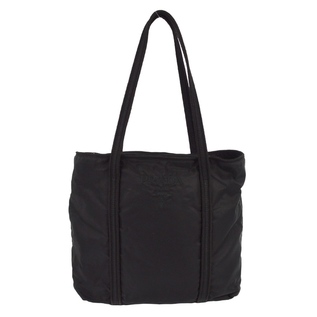 Prada Medium Black Nylon Tote Bag with Logo Accent: Prada Medium Black Nylon Tote Bag with Logo Accent This Prada tote bag features black nylon exterior, accented with the Prada logo, and is designed for casual use. The medium-sized bag offers a practi