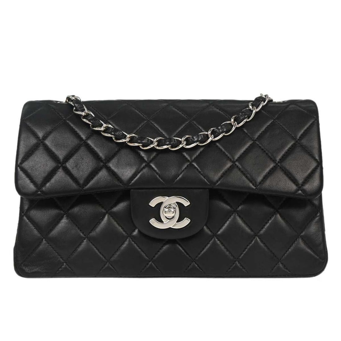 Small Classic Double Flap Shoulder Bag in Black Lambskin by Chanel: Small Classic Double Flap Shoulder Bag in Black Lambskin by Chanel This Chanel small Classic Double Flap shoulder bag is crafted from black lambskin leather with a signature matelasse quilted pattern.
