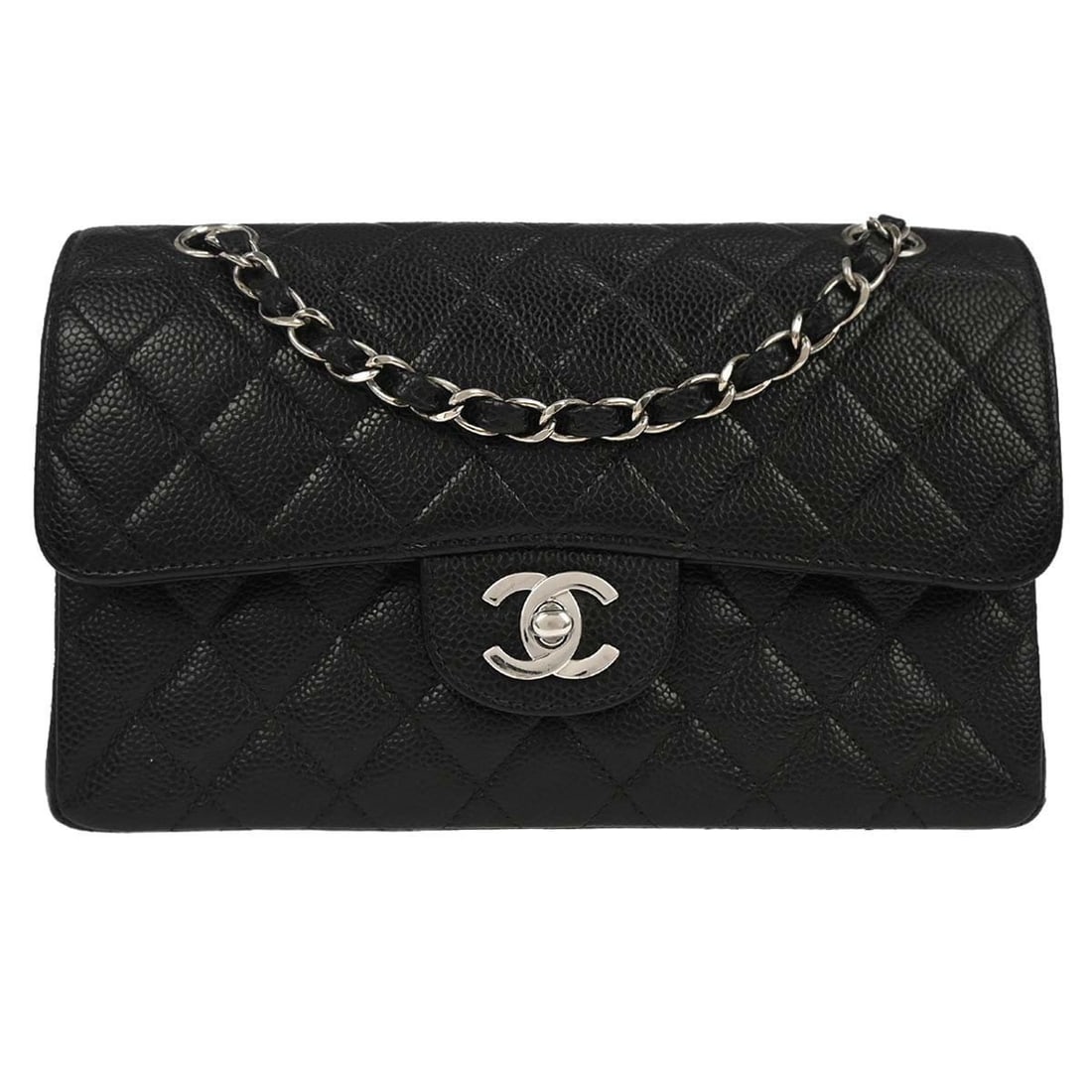 Chanel Small Classic Double Flap Black Caviar Leather Shoulder Bag: Chanel Small Classic Double Flap Black Caviar Leather Shoulder Bag This Chanel Small Classic Double Flap Shoulder Bag is crafted from black caviar skin leather and features the signature matelasse pat