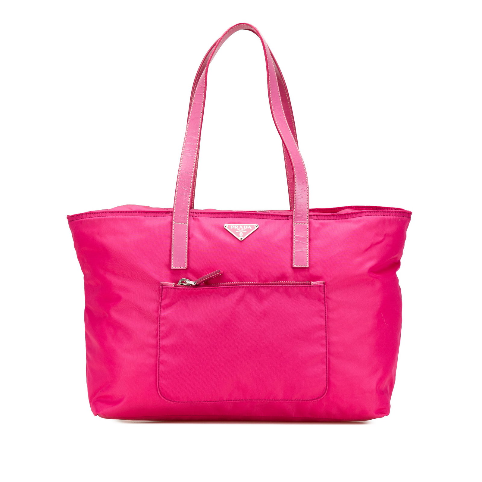 Prada Tessuto Zip Tote Pink Nylon Bag with Zip Closure: Prada Tessuto Zip Tote Pink Nylon Bag with Zip Closure This Prada Tessuto Zip Tote is a stylish and functional accessory crafted from durable nylon, featuring flat leather straps and a secure top zip 
