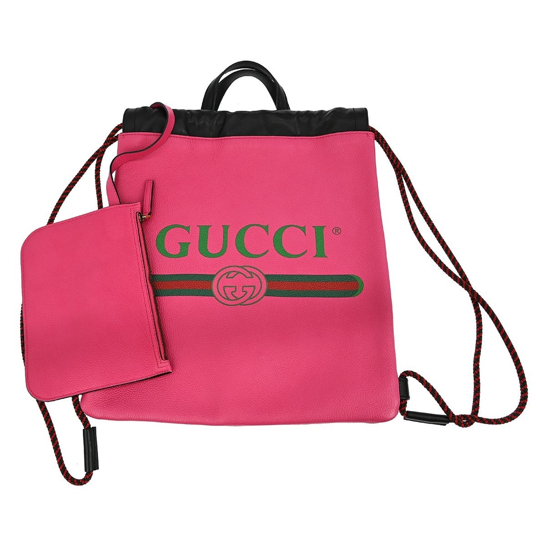 Pink Leather Gucci Logo Drawstring Backpack Bag 30cm x 36cm: Pink Leather Gucci Logo Drawstring Backpack Bag 30cm x 36cm This Gucci Logo Drawstring Backpack features pink printed leather and a practical drawstring closure. Designed for women, it combines style 