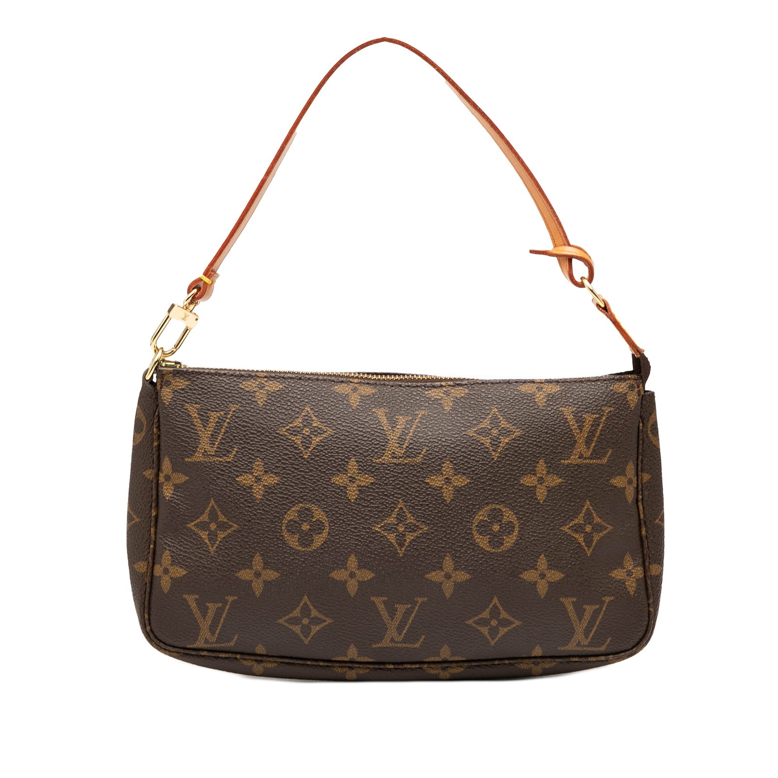Louis Vuitton Pochette Accessoires Brown Monogram Canvas Bag: Louis Vuitton Pochette Accessoires Brown Monogram Canvas Bag This Louis Vuitton Monogram Pochette Accessoires features the iconic monogram canvas body, a flat vachetta leather handle, and a top zip cl